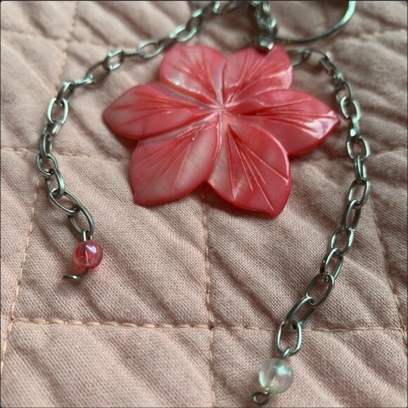 3x35$ 🐿 🍁 CREATION - Flower 🌺 necklace with pink ribbons, side attach, beads - Picture 4 of 7